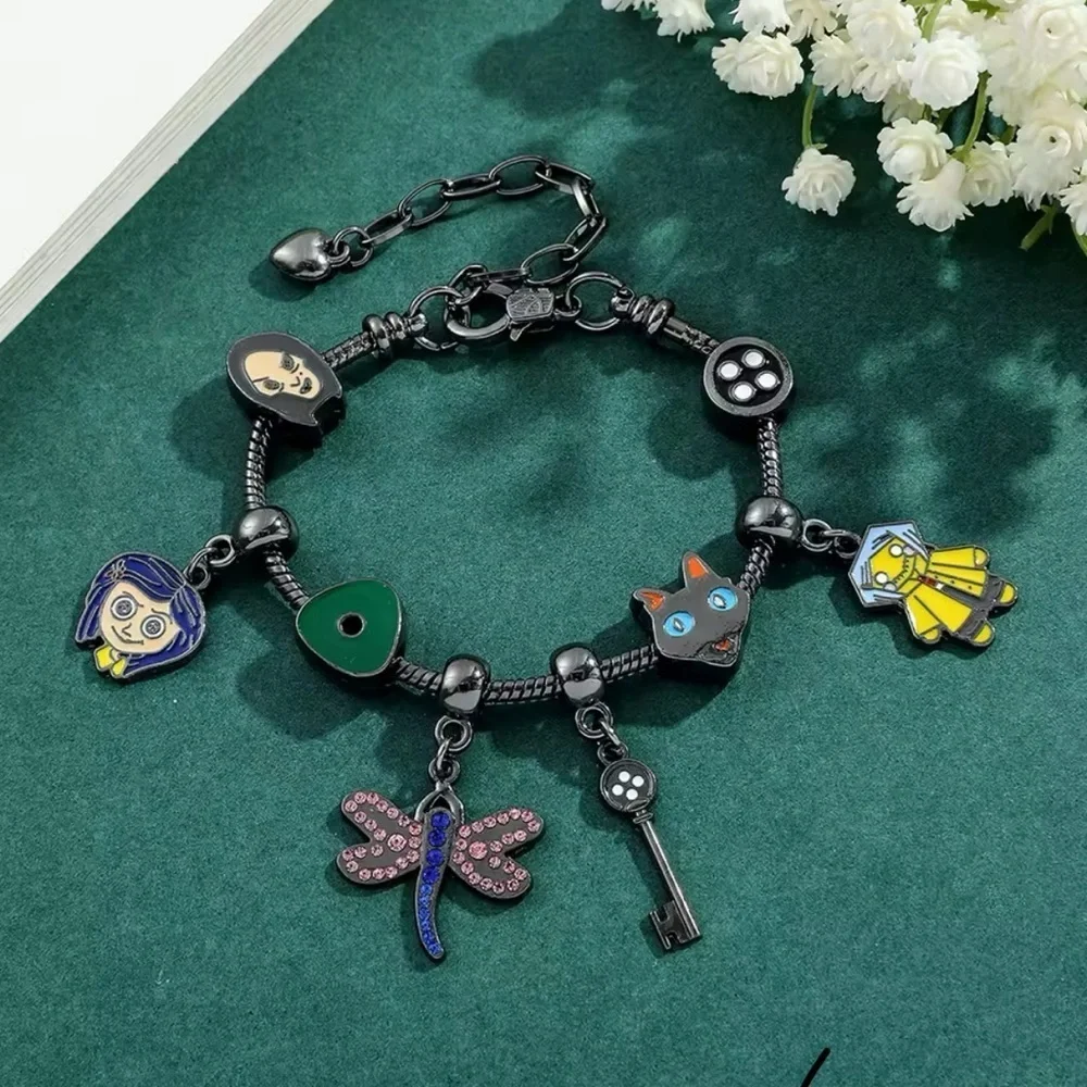 Black Rhodium Gold Coraline Inspired Themed Loaded Enamel Charm Bracelet Design